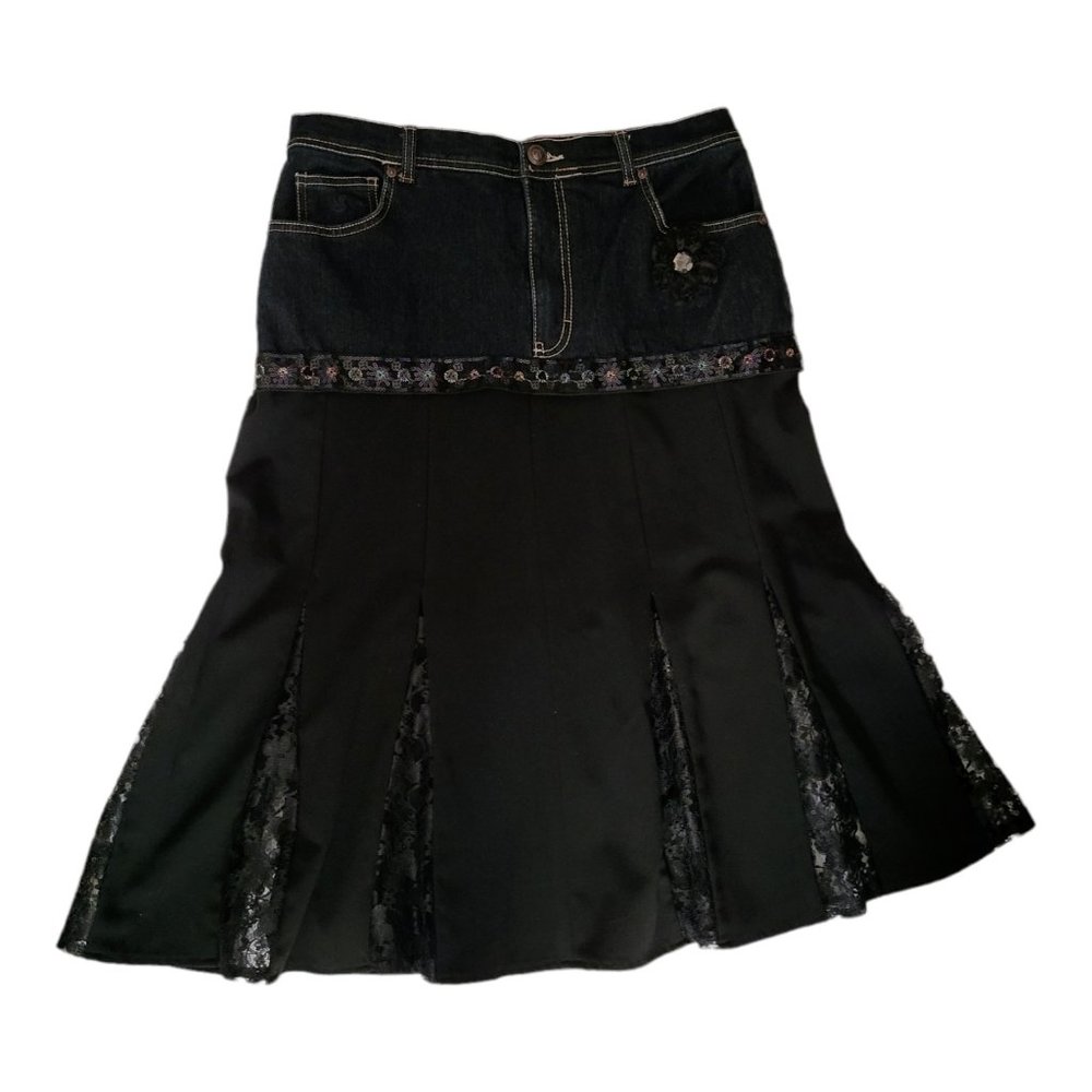 Upcycled Midi Skirt Size 10 Black Lace Panel Embellished Flower Hippie